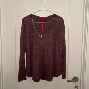 NWT long sleeve sweater with v-neck jeweled collar